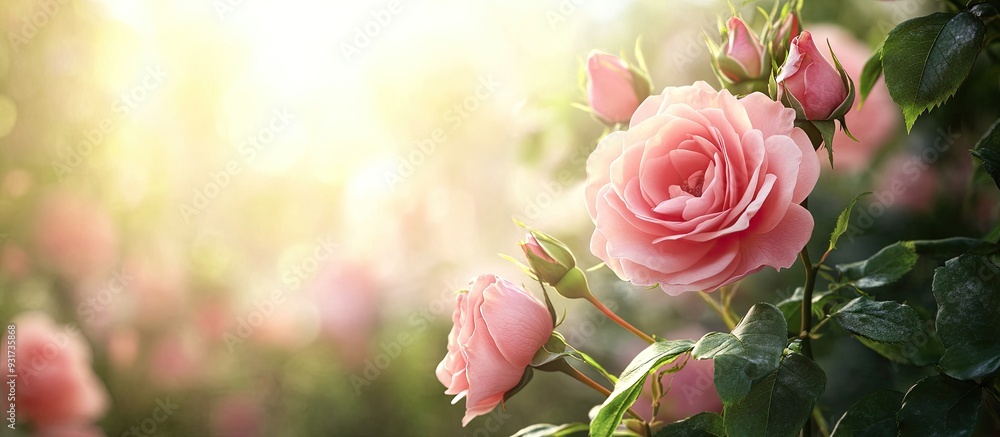 Aufkleber pink rose flowers blossoming in the garden. with copy space image. place for adding text or design