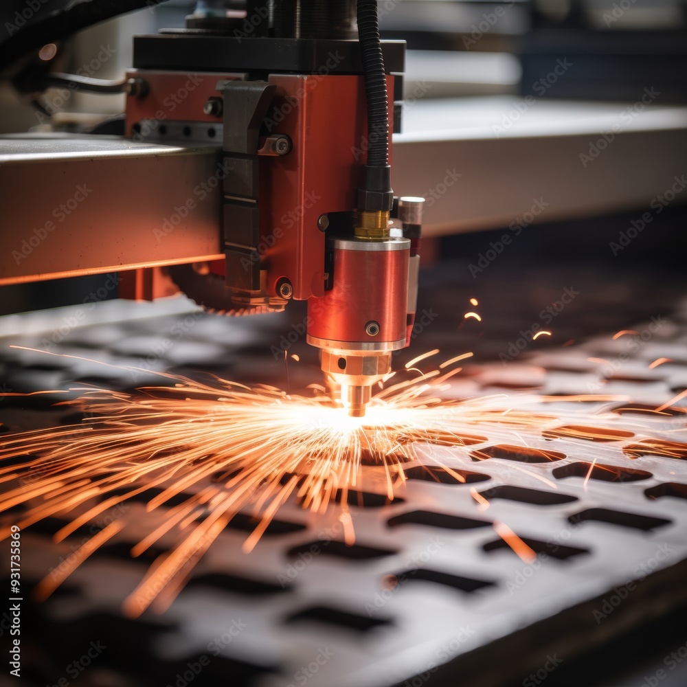 Poster close up of cnc milling machine crafting complex metal shape with sparks flying for precision work