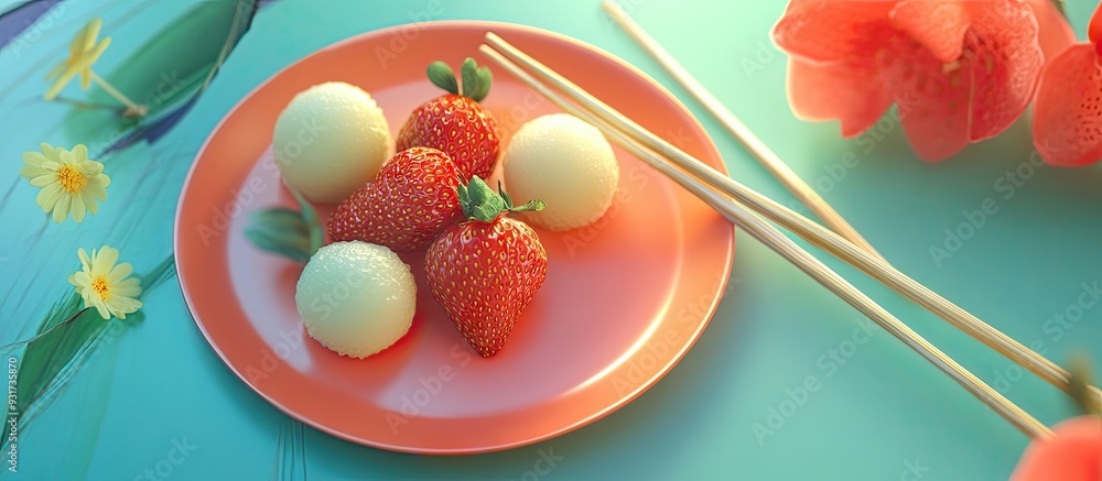 Fototapete plate featuring tasty mochi strawberries and chopsticks on a colorful background. with copy space im