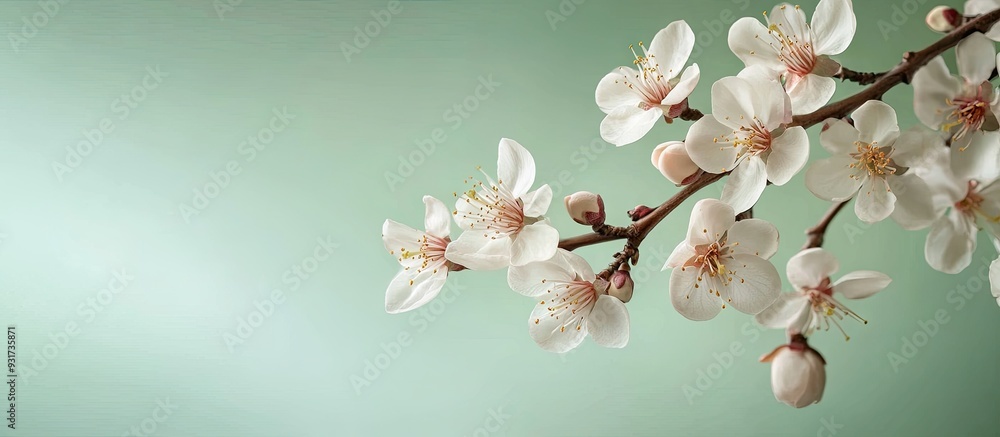 Poster A branch with blooming almond flowers on a green backdrop. with copy space image. Place for adding text or design