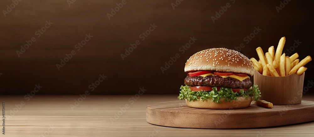 Aufkleber two grilled hamburger patties with fries served on a wooden plate. with copy space image. place for 