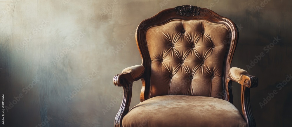 Poster light brown silk cushion of a wooden chair. with copy space image. place for adding text or design