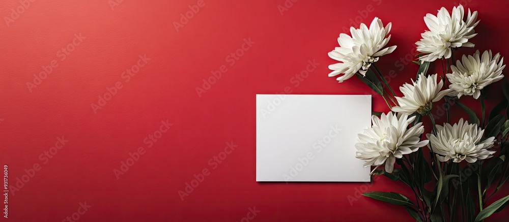 Poster A blank card featuring fresh flowers against a red background. with copy space image. Place for adding text or design