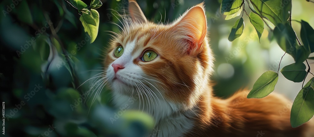 Poster a close up of a cute red and white cat set against a background of tree branches with green leaves f