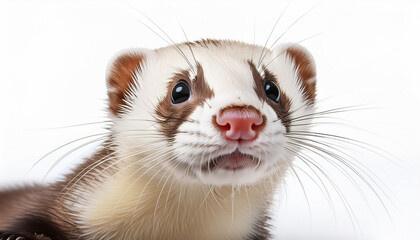 An isolated image of an energetic ferret playing on a white background, with its body stretched out in mid-movement, capturing the lively and playful nature of the animal.