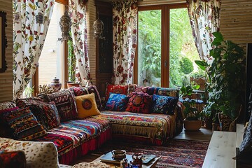 living room interior with sofa and pillows