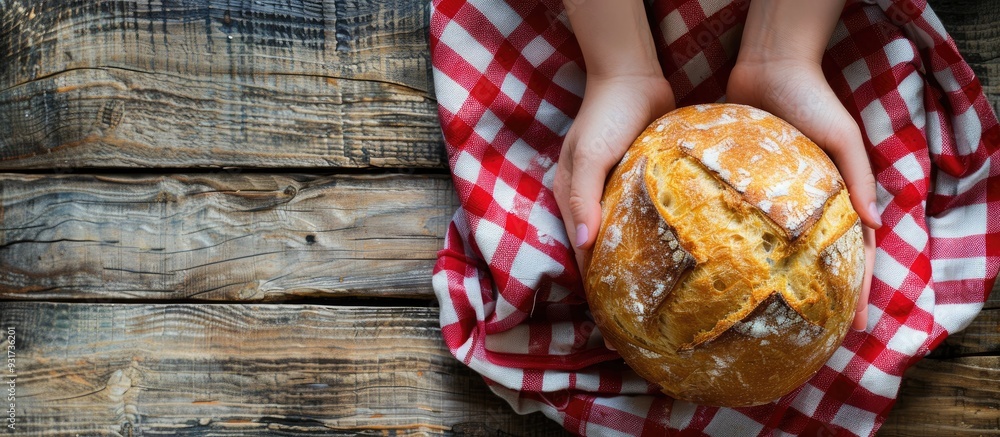 Poster hands holding a piece of rustic bread against a wooden background accompanied by a red napkin decora