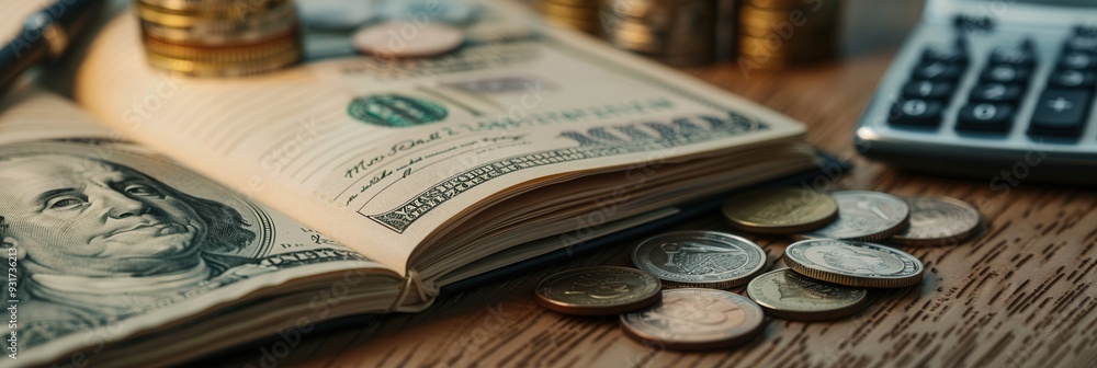 Fototapete a stack of cash and coins accompany an open notebook filled with detailed notes and calculations to 