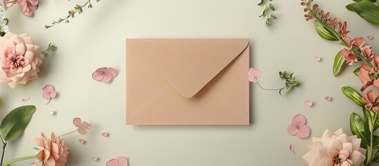Artistic mockup for your artwork featuring lovely flowers a kraft paper envelope and an empty card captured from above Minimalistic flat lay arrangement with room for text. with copy space image