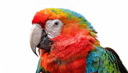 Fototapeta premium An isolated image of an exotic parrot perched on a white background, showcasing its vibrant plumage and striking colors, perfect for nature-themed projects or wildlife presentations.