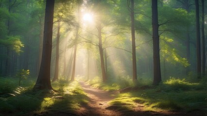Obraz premium Sunlight filtering through a forest, peaceful and inviting.