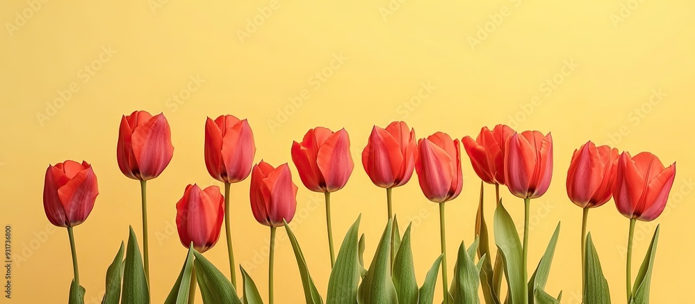 Leinwandbilder red tulips against a yellow background. with copy space image. place for adding text or design