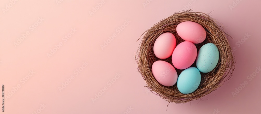 Poster Easter eggs in a nest on a pastel background seen from above Top view Copy space