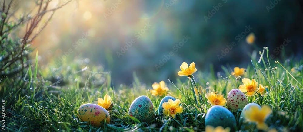 Poster colorful easter eggs scattered among yellow flowers in green grass illuminated by sunlight easter ar