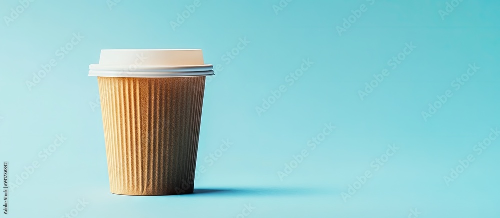 Poster one cup of takeaway coffee on a blue backdrop. with copy space image. Place for adding text or design