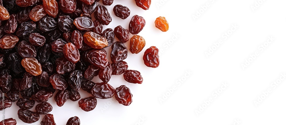 Poster pile of raisins on a white background. with copy space image. place for adding text or design