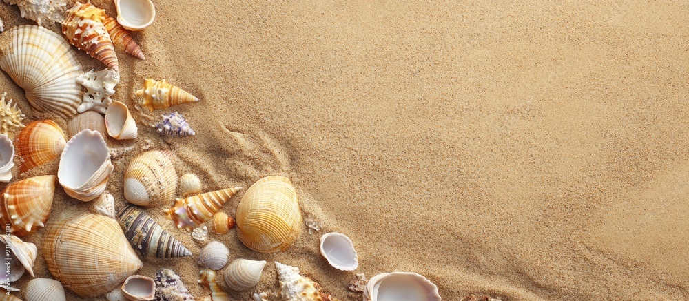 Poster sea shells on the sand summer backdrop beach texture copy space top view