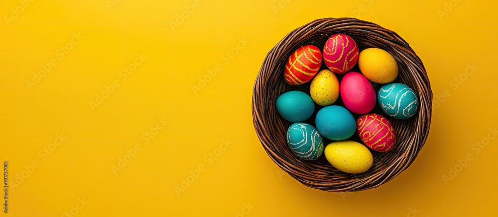 Aufkleber easter traditions brightly colored easter eggs in a basket on a yellow background top view with copy