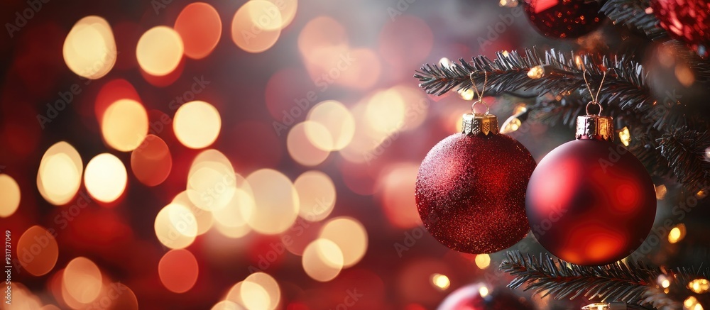 Aufkleber red christmas tree ornaments set against a lights backdrop. with copy space image. place for adding 