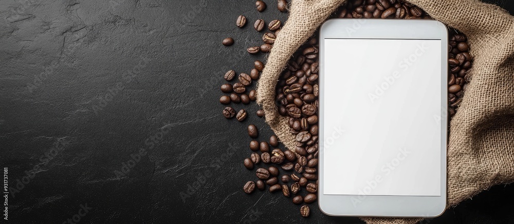 Aufkleber Tablet computer with a blank white screen and coffee beans in a burlap sack on a black backdrop. with copy space image. Place for adding text or design
