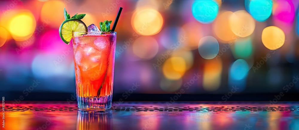 Fototapete Alcoholic beverage and cocktail on a bar with a vibrant bokeh background. with copy space image. Place for adding text or design