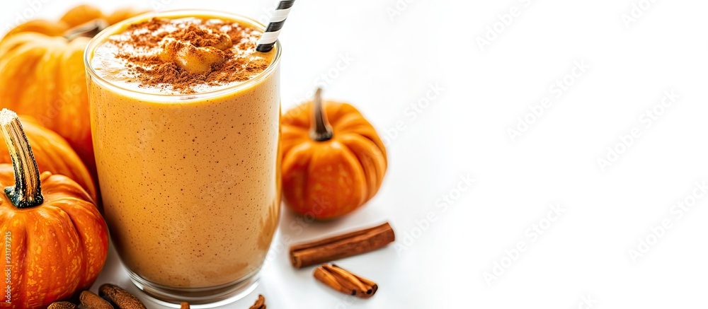 Aufkleber close up of a healthy pumpkin spice smoothie alongside pumpkins on a white background. with copy spa