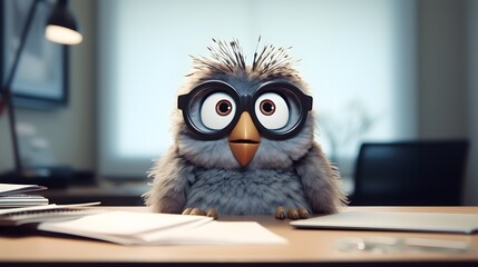 Owl wearing glasses and tie sitting on desk with office supplies. Modern workplace concept.