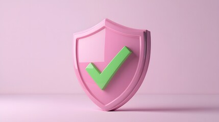 
cartoon 3d Icon safety shield green check mark perspective . pink symbol security safety icon. Green Checkmark in minimalistic style. 3d vector illustration. white background