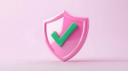 
cartoon 3d Icon safety shield green check mark perspective . pink symbol security safety icon. Green Checkmark in minimalistic style. 3d vector illustration. white background