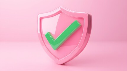 
cartoon 3d Icon safety shield green check mark perspective . pink symbol security safety icon. Green Checkmark in minimalistic style. 3d vector illustration. white background