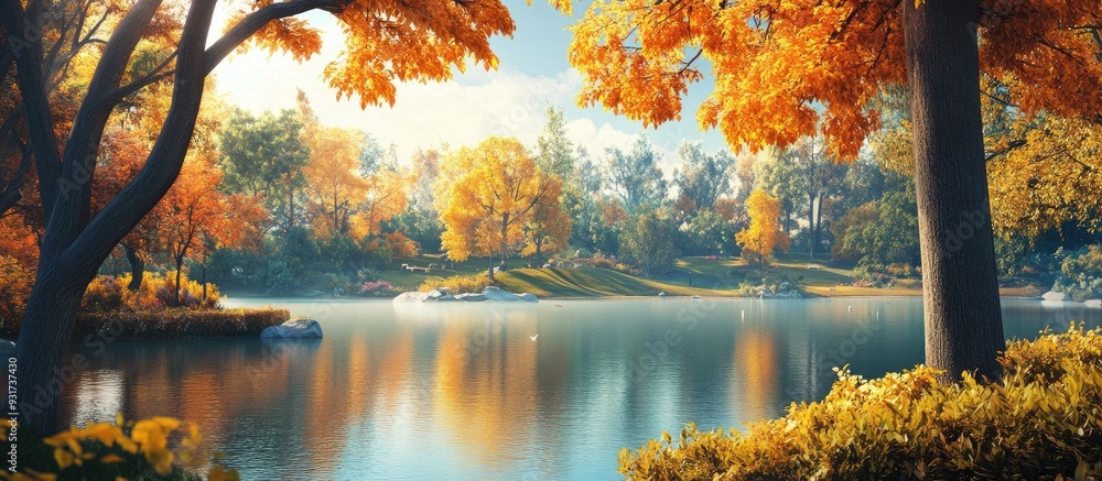 Aufkleber autumn park and lake vibrant scenic view outdoor setting. with copy space image. place for adding te