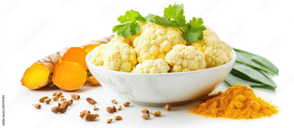 Aufkleber cauliflower with turmeric and rice against a white background. with copy space image. place for addi