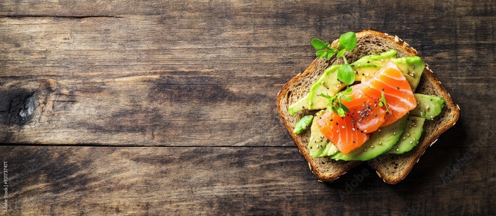 Aufkleber whole grain rye bread toast topped with salmon and avocado set against a wooden table background a n