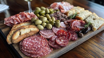 A charcuterie platter with an assortment of cured meats, pickles, olives, and artisan bread.