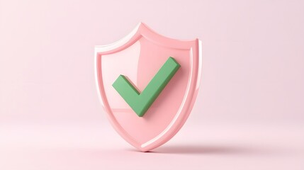 
cartoon 3d Icon safety shield green check mark perspective . pink symbol security safety icon. Green Checkmark in minimalistic style. 3d vector illustration. white background