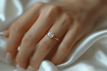 Close Up Of Woman's Hand With Diamond Engagement Ring On White Satin Fabric