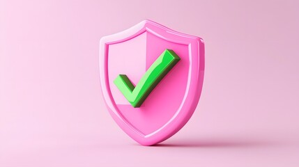 
cartoon 3d Icon safety shield green check mark perspective . pink symbol security safety icon. Green Checkmark in minimalistic style. 3d vector illustration. white background