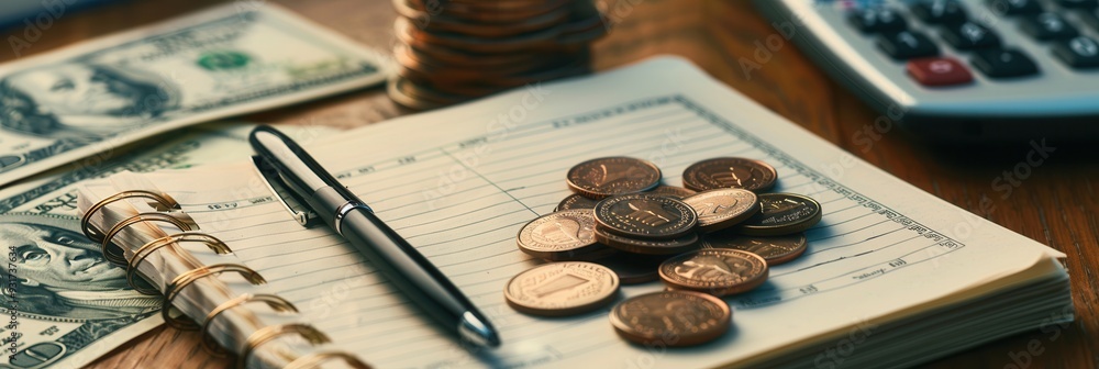 Poster a wooden table displays a stack of cash, coins, and an open notebook filled with notes and calculati