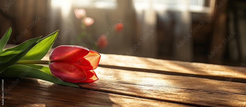 Poster beautiful tulip on a wooden table spring ambiance. with copy space image. place for adding text or d