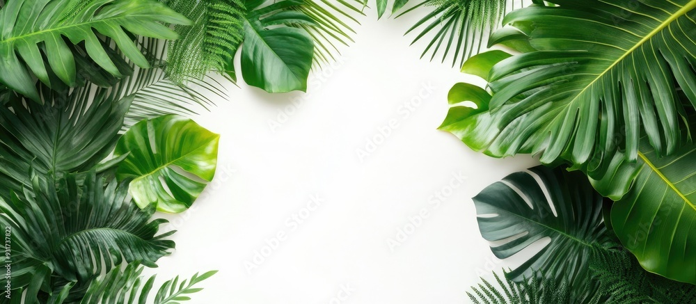 Aufkleber tropical tree leaves on a white background for a green foliage backdrop. with copy space image. plac