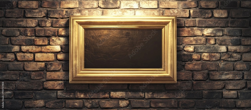 Poster Empty golden picture frame against a brick wall backdrop. with copy space image. Place for adding text or design