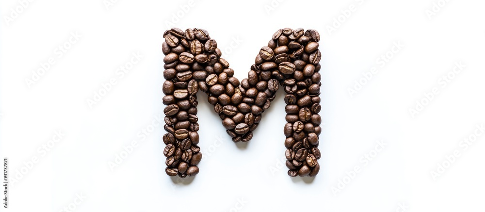 Aufkleber The letter m formed from roasted coffee beans on a white background from a top view can be used for your messages. with copy space image. Place for adding text or design