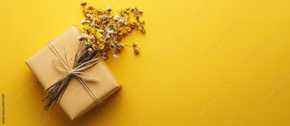 Poster handcrafted gift box wrapped in craft paper and adorned with dried flowers set against a yellow back