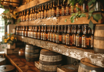 Shelves filled with amber beer bottles in a rustic brewery or bar setting, surrounded by wooden barrels and warm, ambient lighting