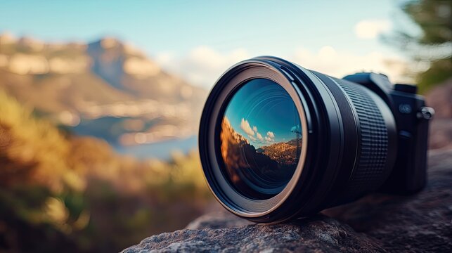 A close-up of a camera lens in focus, capturing a sharp image of a scenic landscape in the distance.