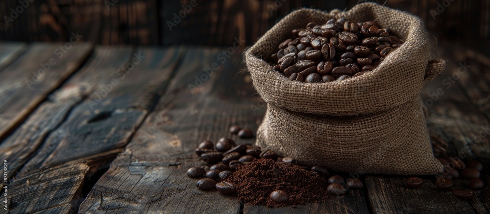 Aufkleber Bag of coffee beans on a wooden surface. with copy space image. Place for adding text or design