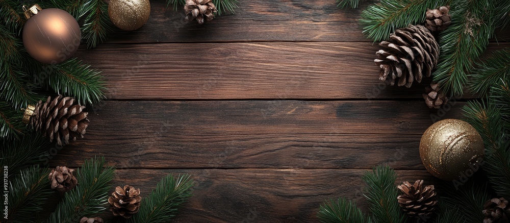 Poster Christmas Decor on a Wooden Background. with copy space image. Place for adding text or design