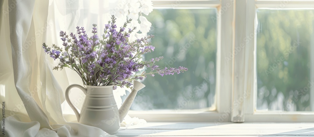 Poster Bouquet of dried lavender in a watering can on a white table by the window Soft focus. with copy space image. Place for adding text or design