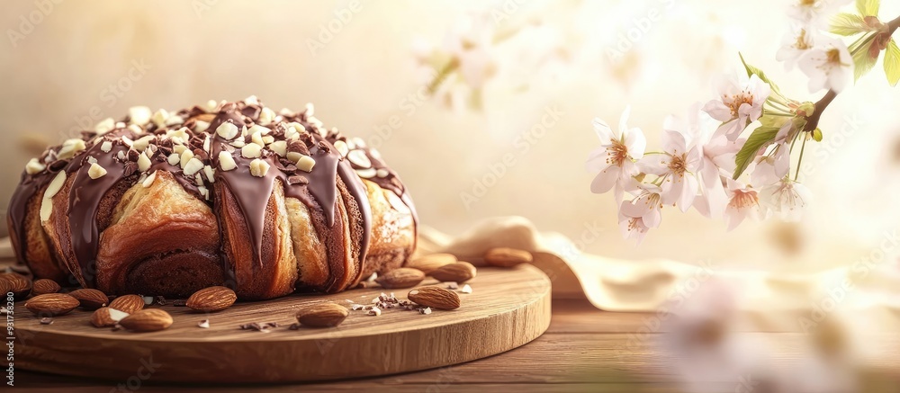 Poster delicious chocolate and almond babka for springtime. with copy space image. place for adding text or