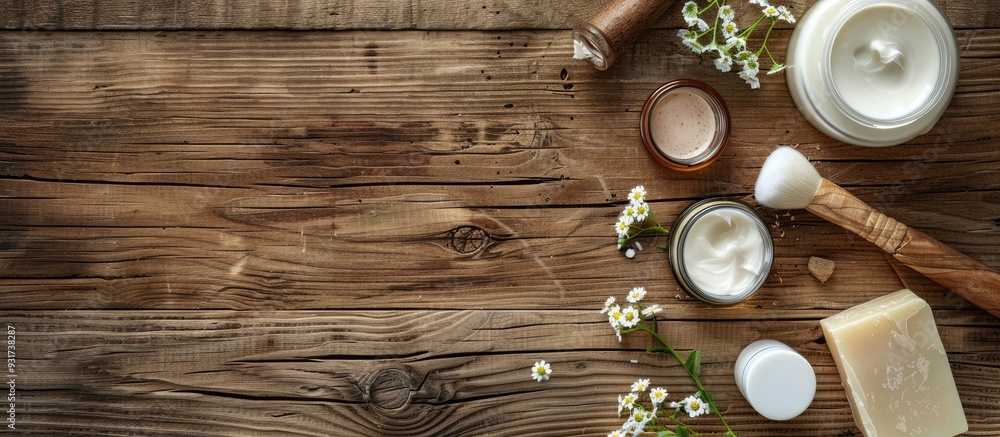 Aufkleber cosmetic creams and natural soaps on a wooden surface. with copy space image. Place for adding text or design